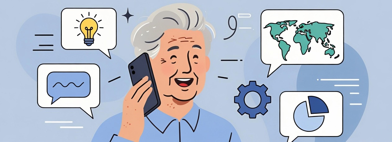 Cheerful senior talking on the phone with AI, surrounded by icons for ideas, conversation, and world knowledge